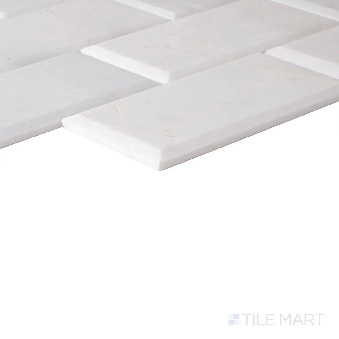 Close-up corner shot of Simplystick Mosaix Carrara White Honed Marble, Limestone Mosaic, featuring its soft white tones and classic Carrara veining with a honed finish.