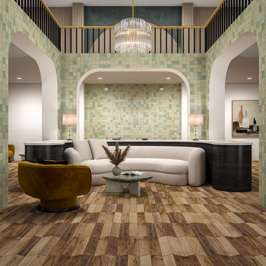 Shown in a finished space, the Zellige Neo Salvia 4x4 glossy glazed ceramic tile brings soft color and a handcrafted-inspired look