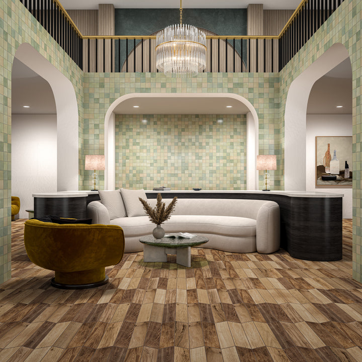 Shown in a finished space, the Zellige Neo Salvia 4x4 glossy glazed ceramic tile brings soft color and a handcrafted-inspired look