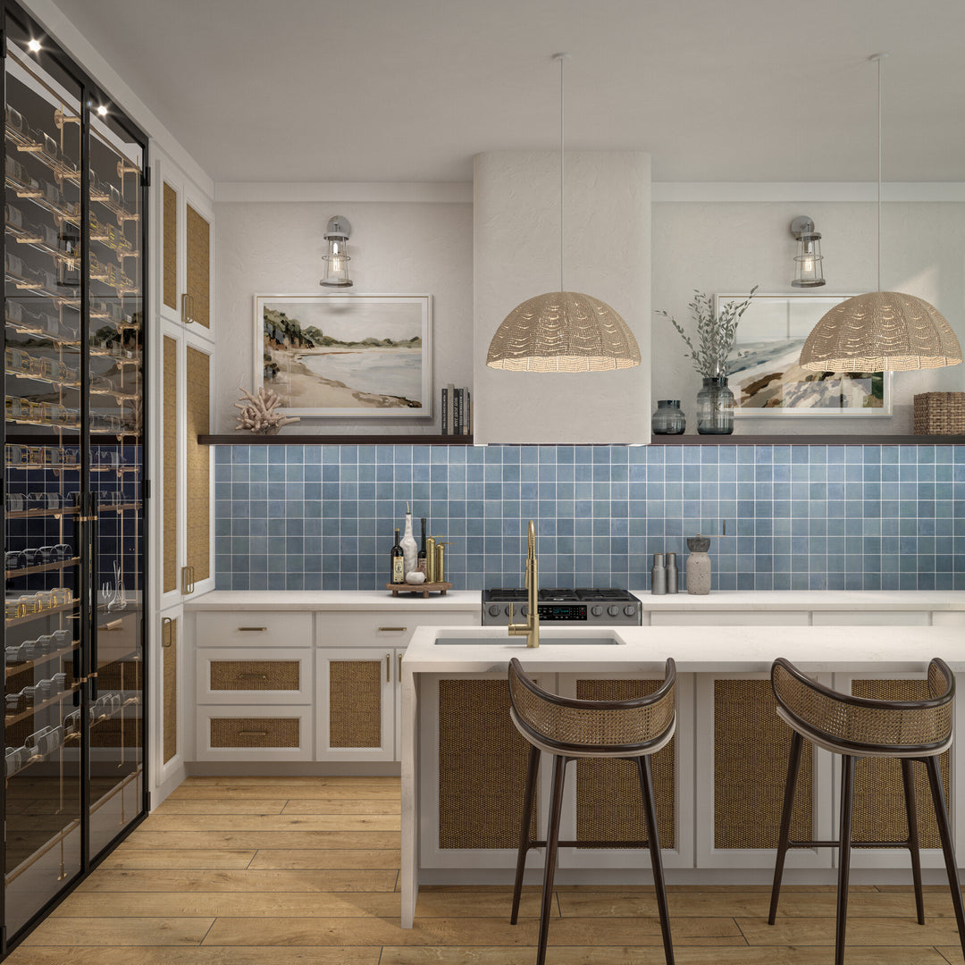 Featured in a room setting, the Zellige Neo Cielo 4x4 glossy glazed ceramic tile introduces a light blue tone with a reflective glazed surface