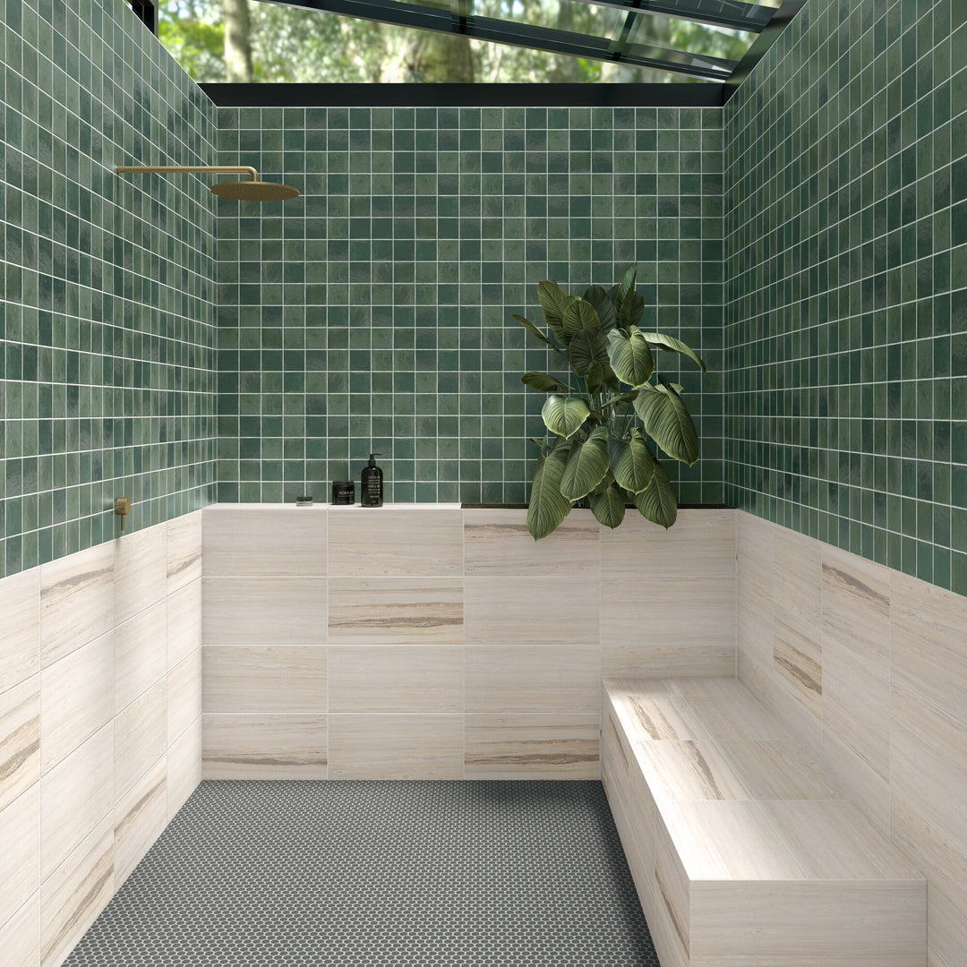 Zellige Neo Bosco 4x4 glossy glazed ceramic tile displayed in a curated setting, reflecting artisanal texture and rich, glossy character.