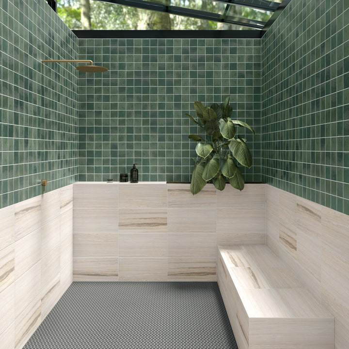 Zellige Neo Bosco 4x4 glossy glazed ceramic tile displayed in a curated setting, reflecting artisanal texture and rich, glossy character.