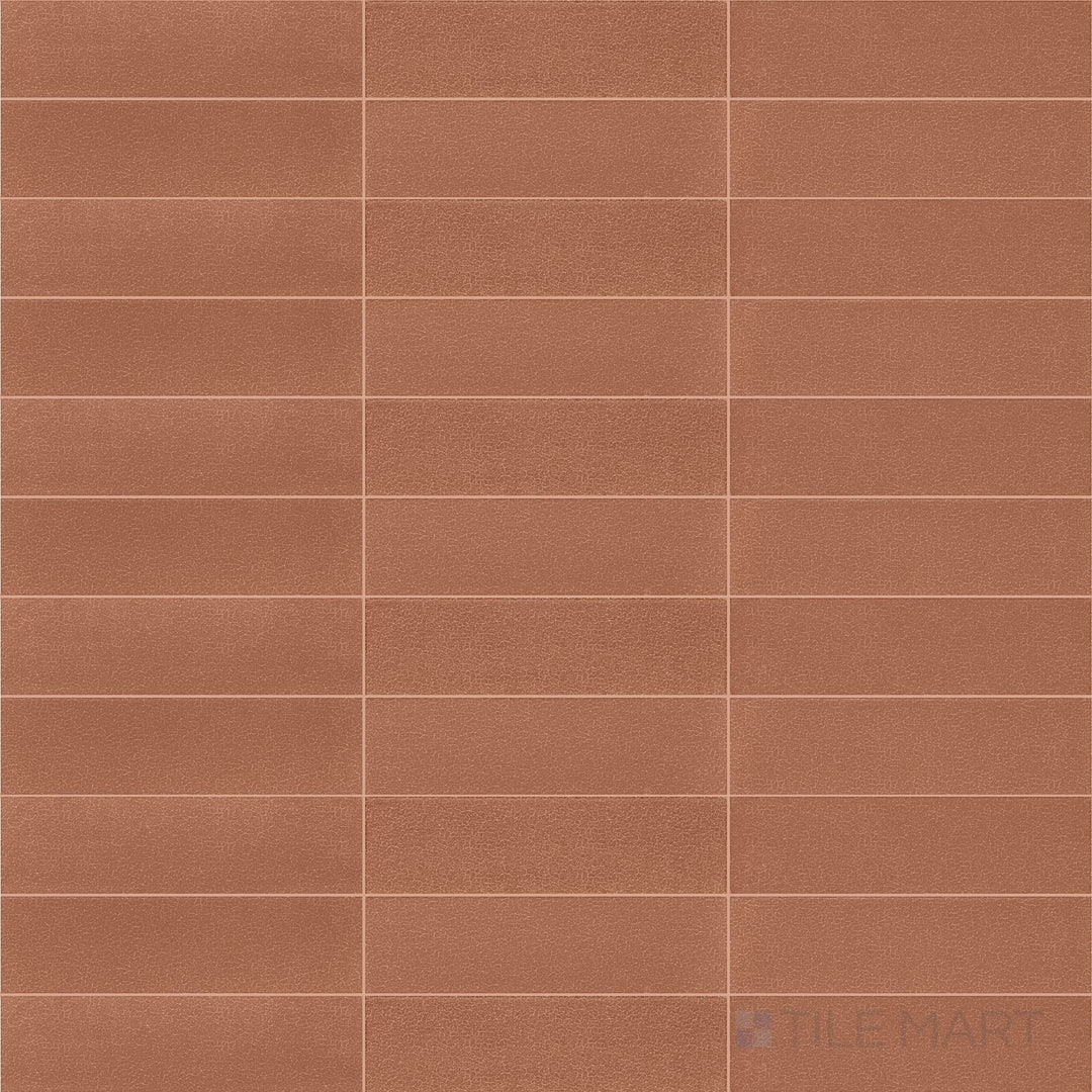 Overhead shot of Inyo Ember 2X8 Satin Glazed Ceramic, featuring its warm earthy hue and subtle satin sheen.