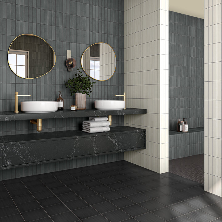 Seen in a finished interior, the Inyo Olive 2x8 satin glazed ceramic tile brings a natural green tone and a calm, contemporary feel