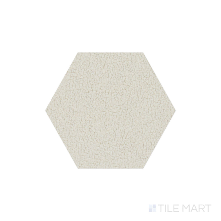 The overhead perspective highlights the Inyo Crema 8" hex satin glazed ceramic tile, displaying a warm, creamy beige hue with a smooth satin finish for a timeless and versatile look.