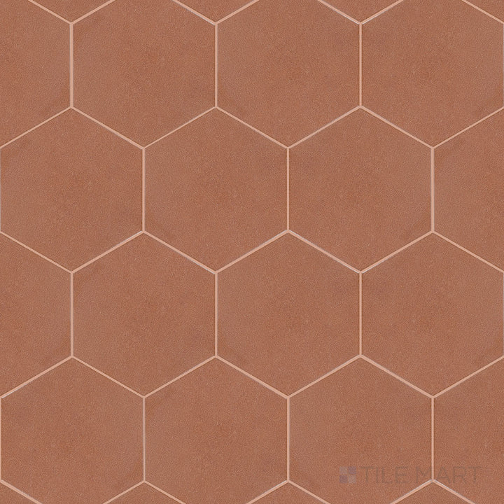 An overview of Inyo Ember 8" hex satin glazed ceramic tiles, highlighting their rich, earthy hue and soft satin texture.