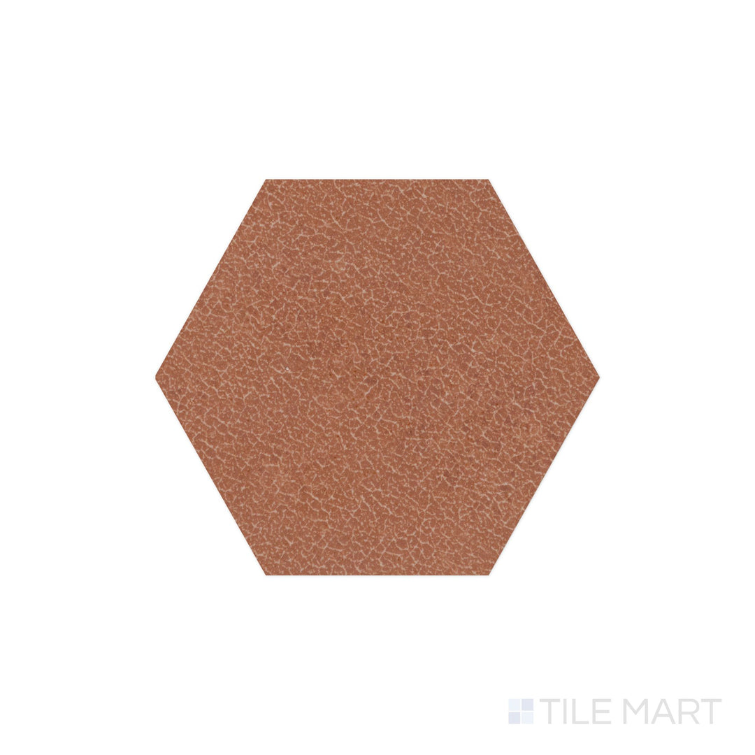 Viewed from the top, the Inyo Ember 8" hex satin glazed ceramic tile presents a rich, earthy tone with a satin glaze, bringing warmth and depth to contemporary interiors.