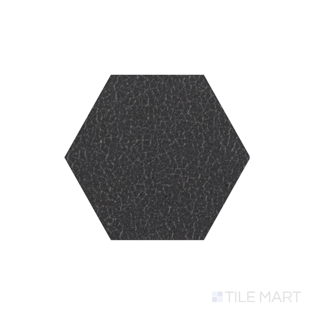 The overhead perspective showcases the Inyo Ink 8" hex satin glazed ceramic tile, featuring a dark, inky black shade with a satin finish, creating a striking contrast in contemporary spaces.