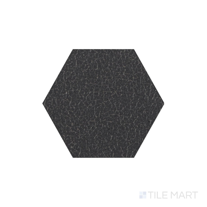 The overhead perspective showcases the Inyo Ink 8" hex satin glazed ceramic tile, featuring a dark, inky black shade with a satin finish, creating a striking contrast in contemporary spaces.