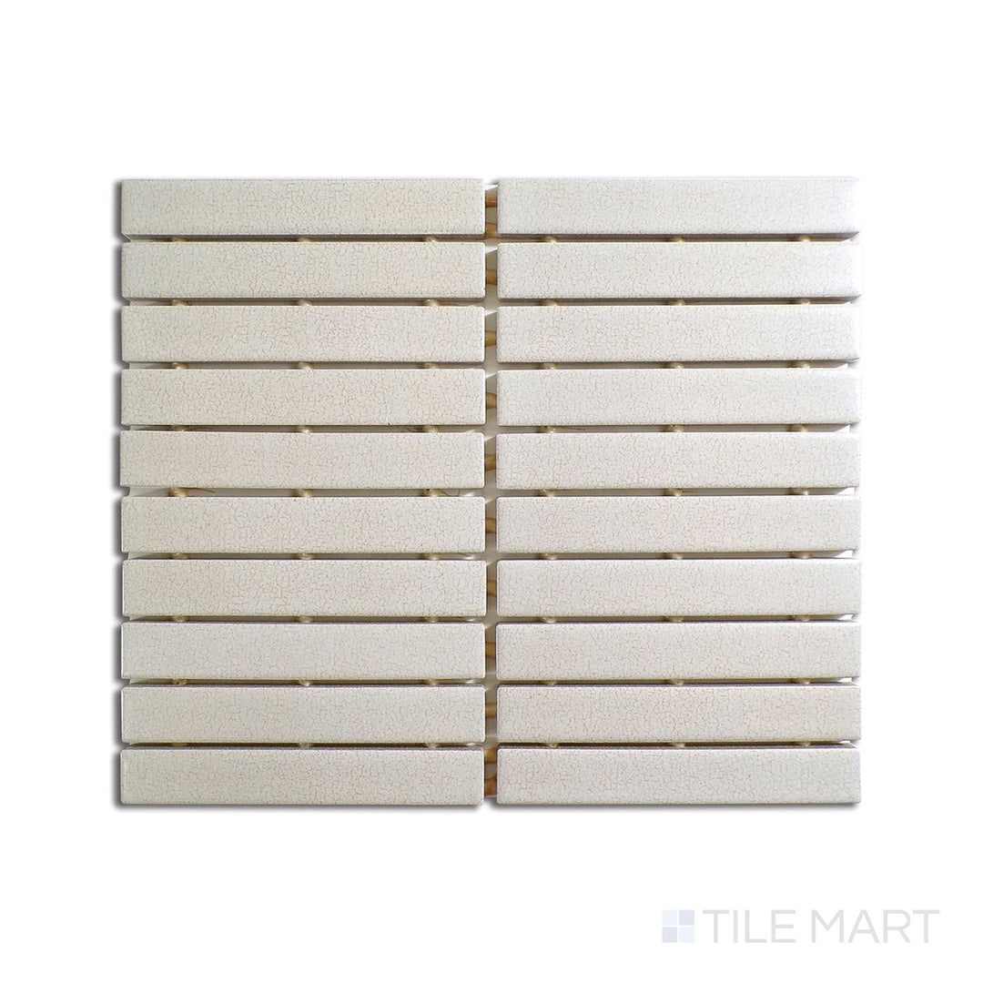 Angled shot of Inyo Crema rectangle satin glazed ceramic mosaic, featuring soft cream tones, a structured rectangular layout, and a smooth satin glaze.  