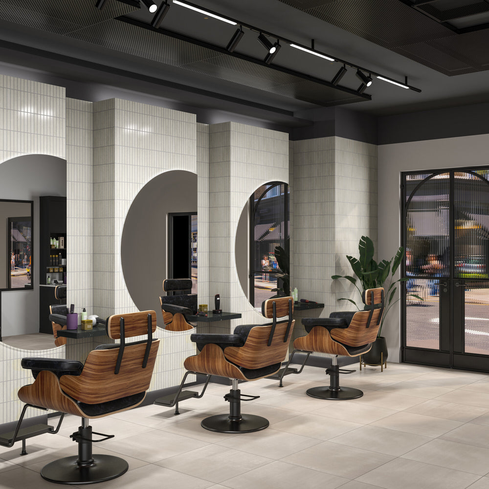 Roomscene of Inyo Crema Rectangle satin glazed ceramic mosaic tile highlighting its warm neutral tones and smooth satin finish arranged in a refined mosaic pattern.