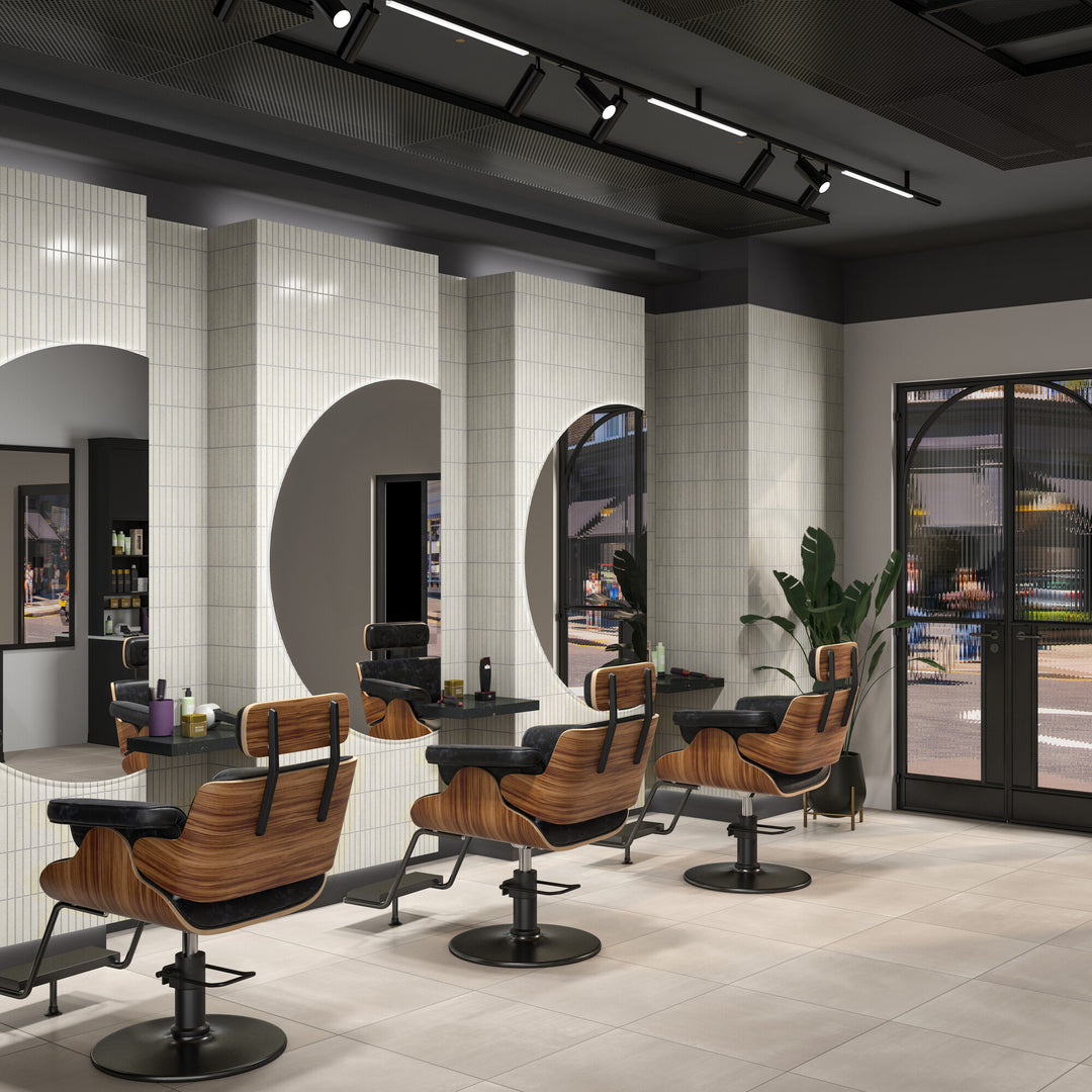 Roomscene of Inyo Crema Rectangle satin glazed ceramic mosaic tile highlighting its warm neutral tones and smooth satin finish arranged in a refined mosaic pattern.