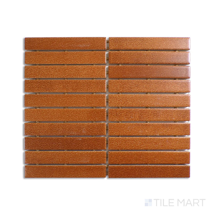 Diagonal view of Inyo Ember rectangle satin glazed ceramic mosaic, showcasing warm ember hues, a refined satin sheen, and a geometric rectangular arrangement.  