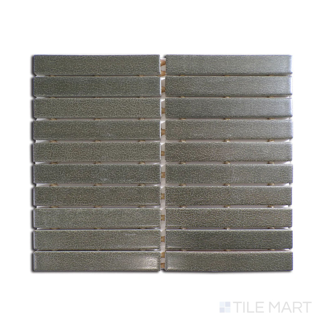 Slanted perspective of Inyo Olive rectangle satin glazed ceramic mosaic, emphasizing its muted olive green color, matte satin finish, and structured layout.  