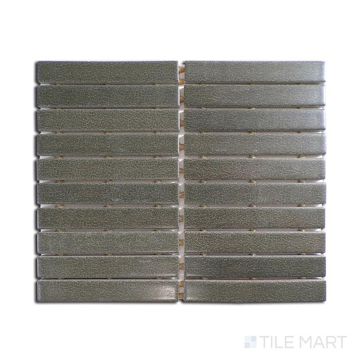 Slanted perspective of Inyo Olive rectangle satin glazed ceramic mosaic, emphasizing its muted olive green color, matte satin finish, and structured layout.  