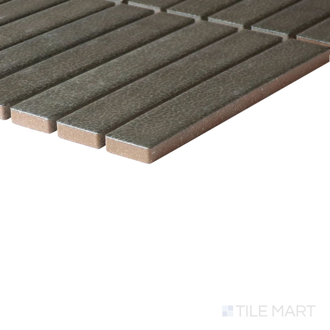 Close-up corner shot of Inyo Olive Rectangle Satin Glazed Ceramic Mosaic, featuring its earthy olive-green tones in a contemporary mosaic design.