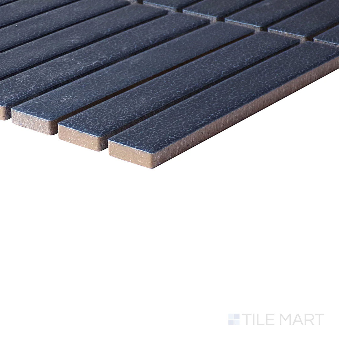 Corner angle of Inyo Indigo Rectangle Satin Glazed Ceramic Mosaic, emphasizing its deep indigo color with a sleek, satin-finished mosaic.