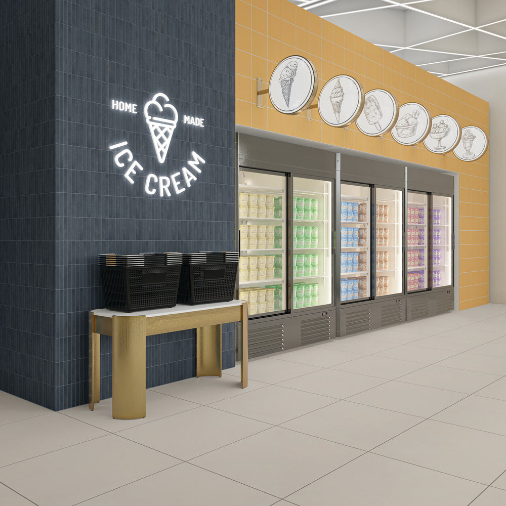 Featuring rich blue hues, this roomscene displays Inyo Indigo Rectangle satin glazed ceramic mosaic tile in a balanced layout with a subtle, silky texture.