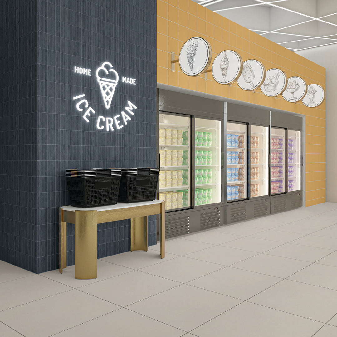 Featuring rich blue hues, this roomscene displays Inyo Indigo Rectangle satin glazed ceramic mosaic tile in a balanced layout with a subtle, silky texture.