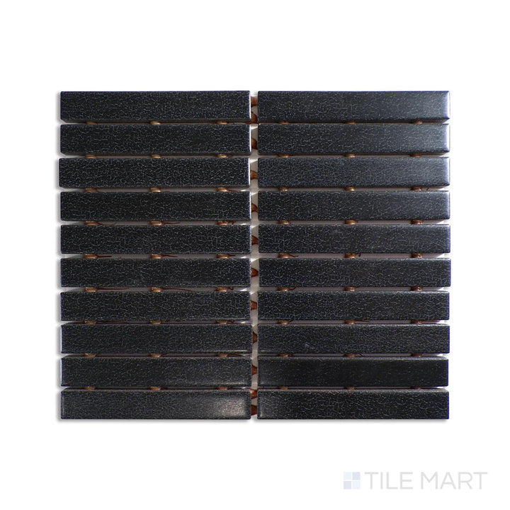 Diagonal view of Inyo Ink rectangle satin glazed ceramic mosaic, showcasing a striking black tone, elegant satin glaze, and a refined rectangular pattern.  