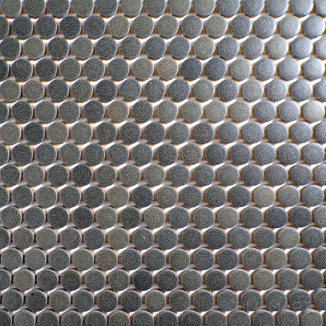 Overhead shot of Inyo Olive Penny Round Matte Glazed Ceramic Mosaic, featuring its earthy green hue in a matte finish.