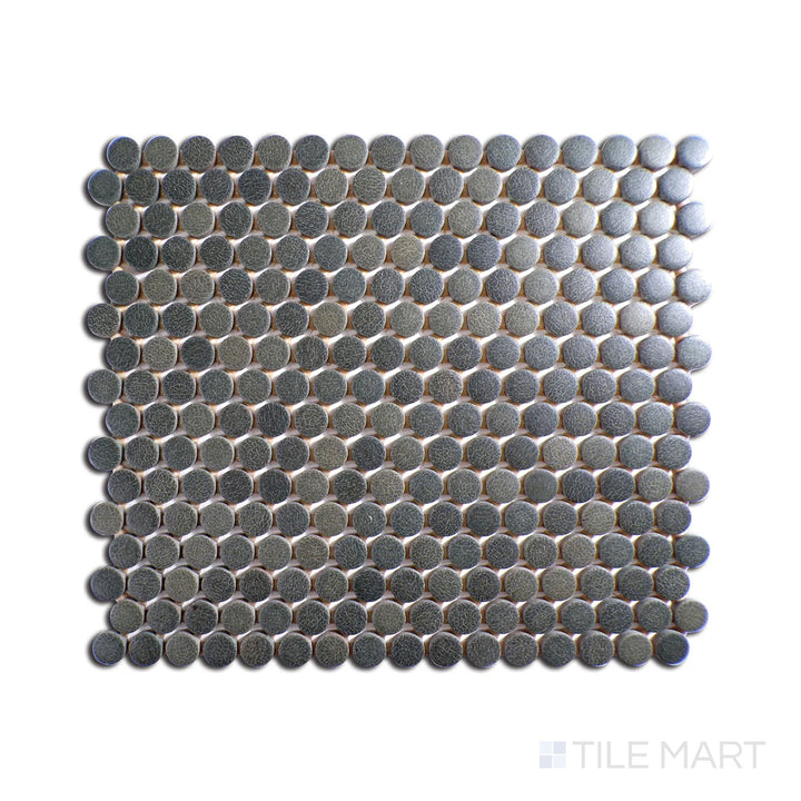 Slanted perspective of Inyo Olive penny round matte glazed ceramic mosaic, emphasizing its earthy green tones, elegant matte finish, and a rounded tile design.  