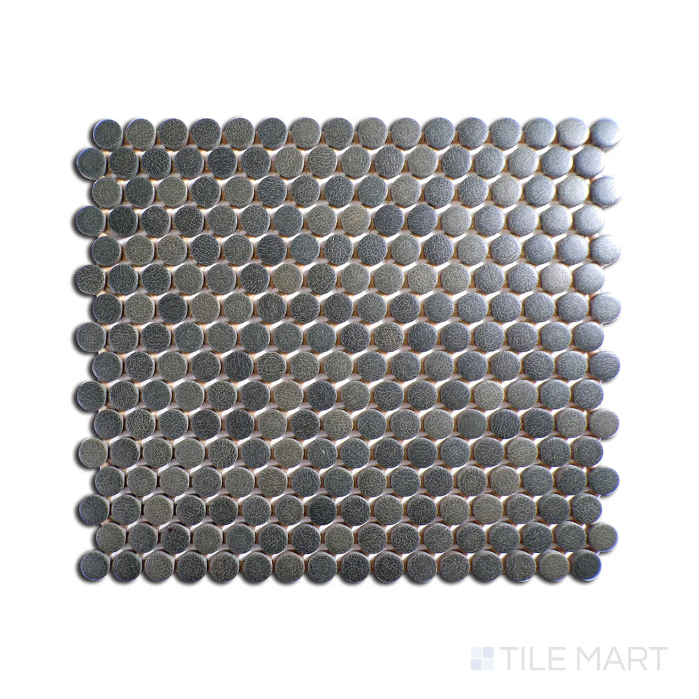 Slanted perspective of Inyo Olive penny round matte glazed ceramic mosaic, emphasizing its earthy green tones, elegant matte finish, and a rounded tile design.  