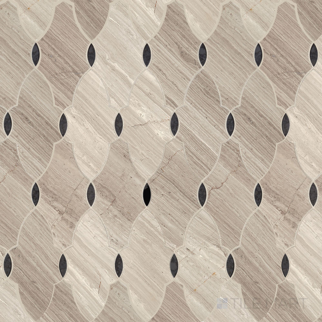 Top-down view of Lavaliere Chenille White/Black Ant Mirror Romantique Honed Marble Mosaic, featuring a delicate interplay of white and black mirror elements with a honed marble finish.