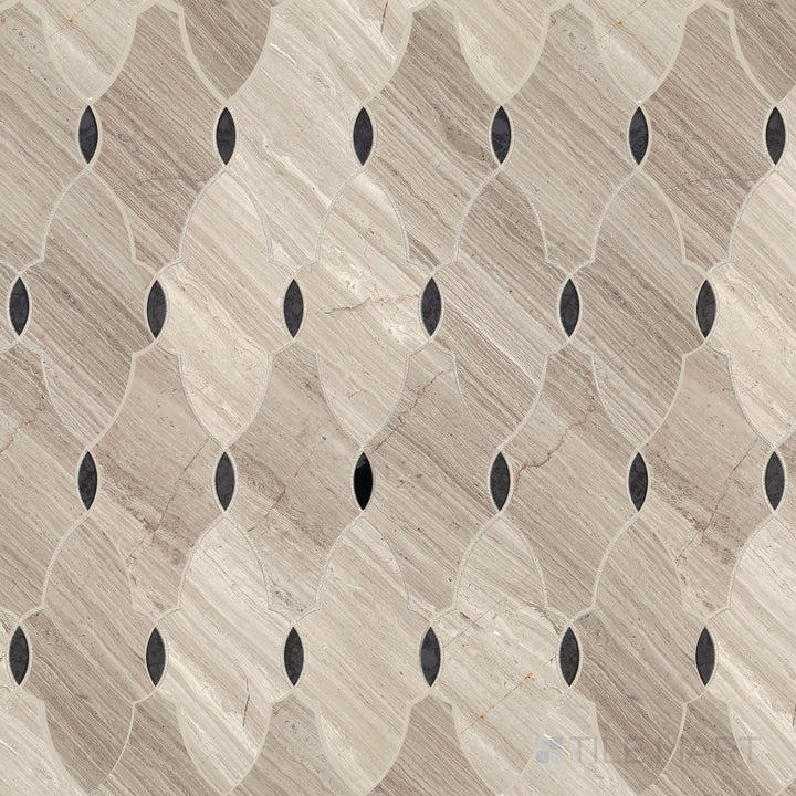 Top-down view of Lavaliere Chenille White/Black Ant Mirror Romantique Honed Marble Mosaic, featuring a delicate interplay of white and black mirror elements with a honed marble finish.