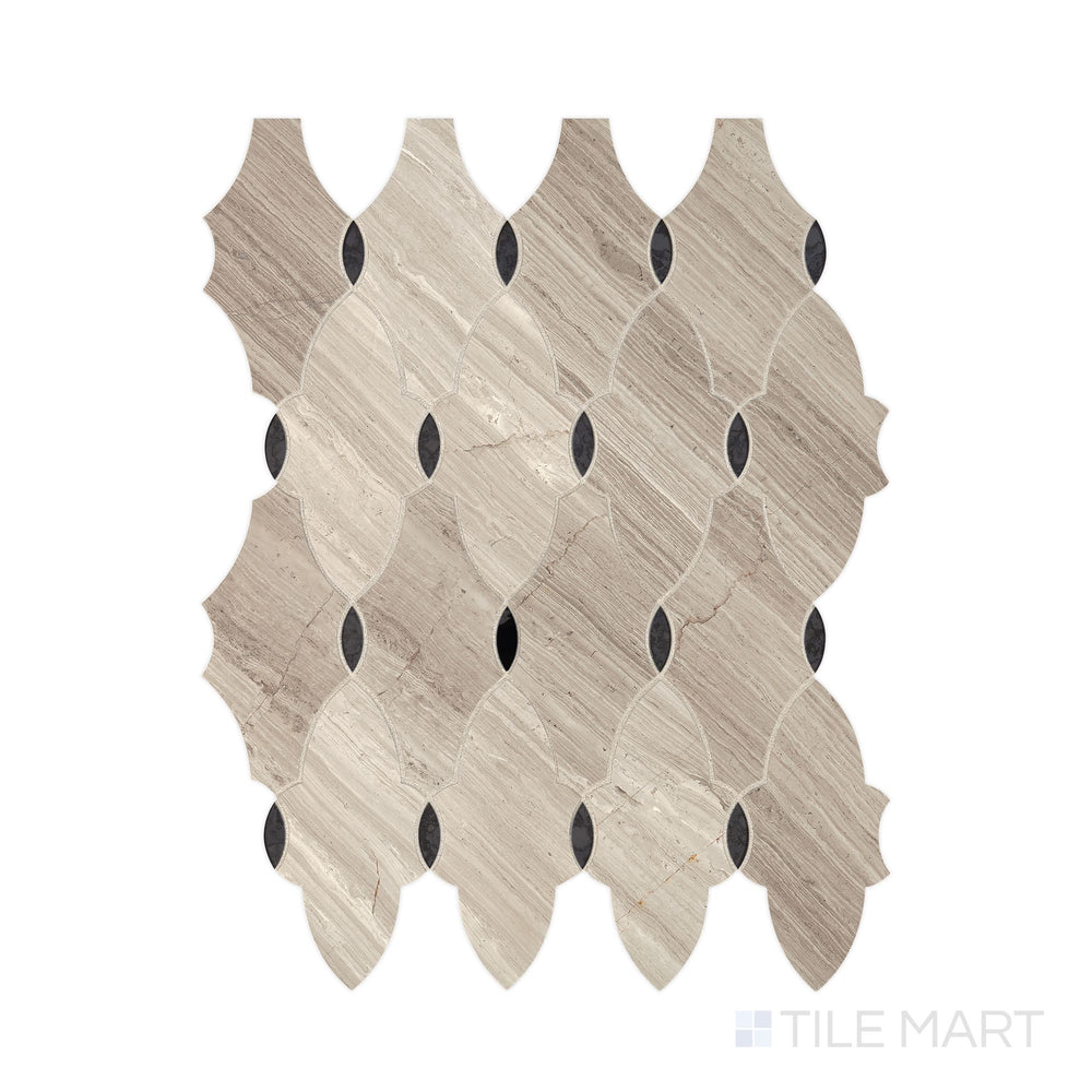 Angled shot of Lavaliere Chenille White and Black Ant Mirror Romantique honed marble mosaic, featuring a blend of soft white tones, contrasting black mirror accents, and a refined honed finish.  