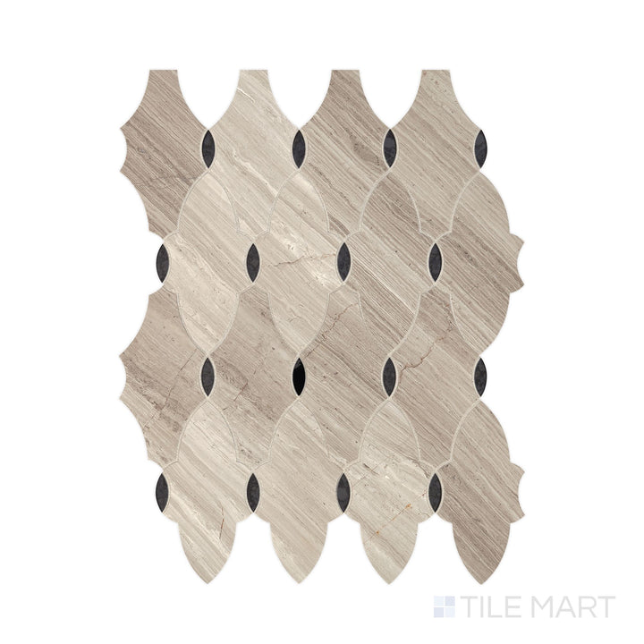 Angled shot of Lavaliere Chenille White and Black Ant Mirror Romantique honed marble mosaic, featuring a blend of soft white tones, contrasting black mirror accents, and a refined honed finish.  