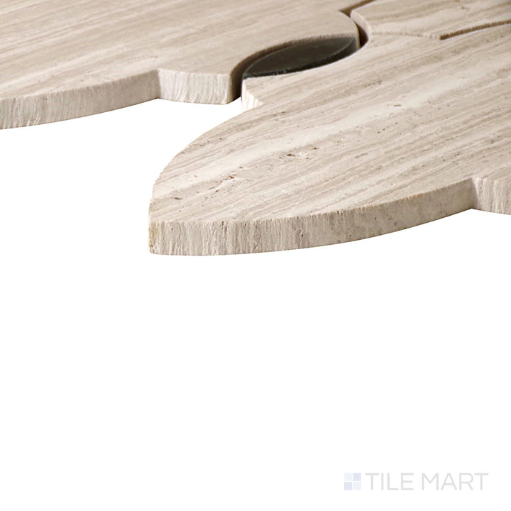 Angled view of Lavaliere Carrara/Thassos/Mother Pearl Imaginare Polished Mosaic, highlighting its luxurious mix of Carrara and Thassos marble with iridescent mother-of-pearl inlays.