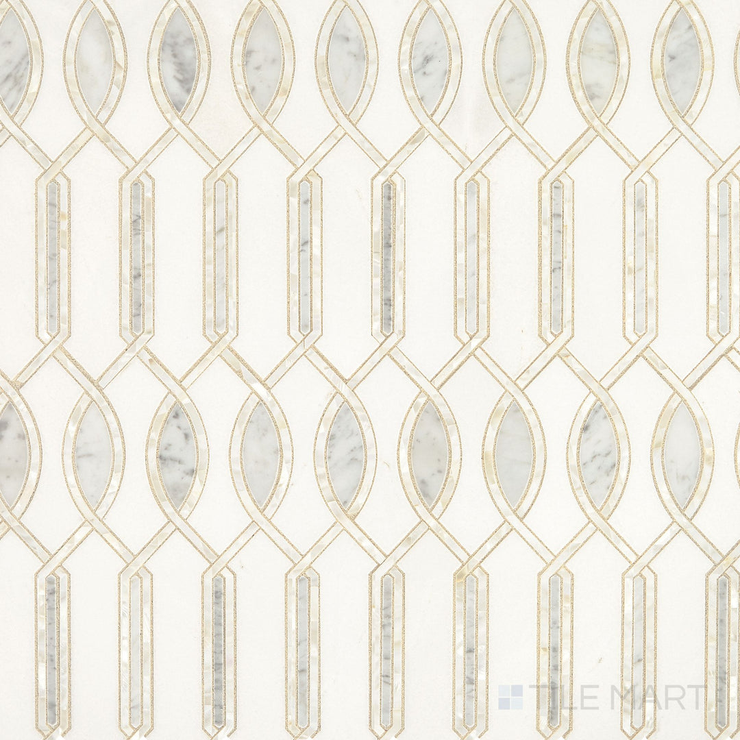 Overhead shot of Lavaliere Carrara/Thassos/Mother Pearl Imaginare Polished Carrara, Thassos Mosaic, showcasing a luxurious combination of Carrara and Thassos marble with Mother of Pearl accents.