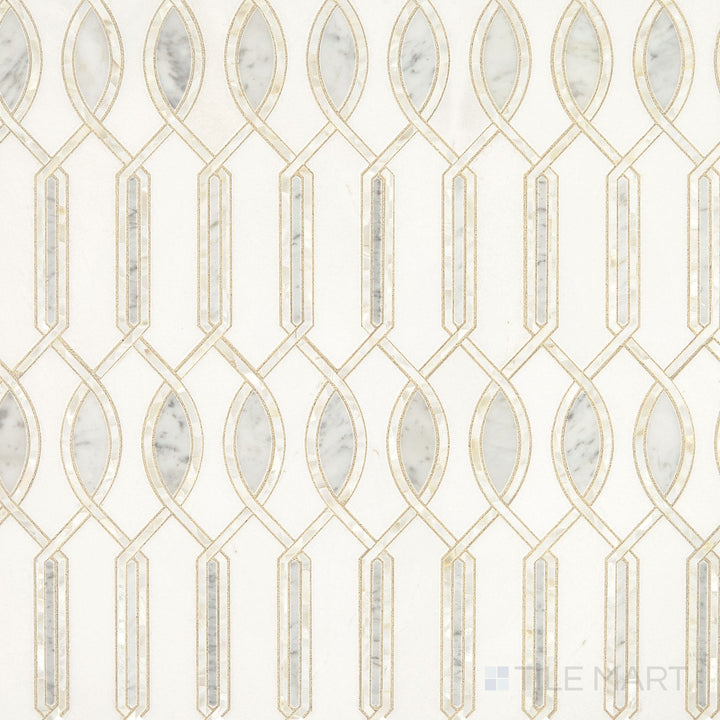 Overhead shot of Lavaliere Carrara/Thassos/Mother Pearl Imaginare Polished Carrara, Thassos Mosaic, showcasing a luxurious combination of Carrara and Thassos marble with Mother of Pearl accents.