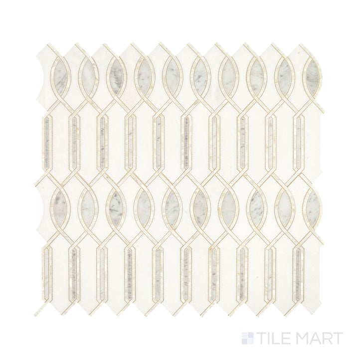 Diagonal view of Lavaliere Carrara, Thassos, and Mother Pearl Imaginare polished marble mosaic, showcasing an elegant combination of Carrara and Thassos white marble with subtle pearl detailing.  