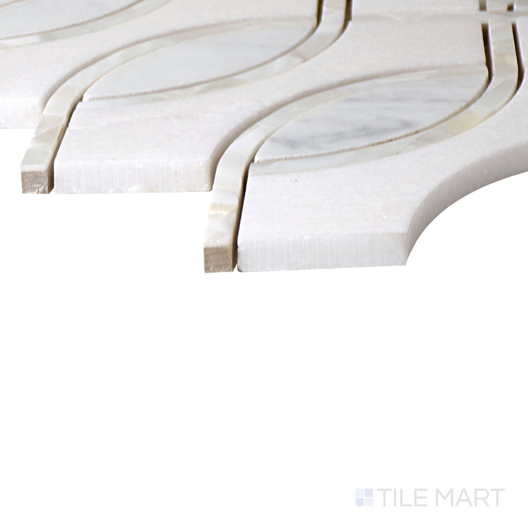 Angled view of Lavaliere Carrara/Thassos/Mother Pearl Imaginare Polished Mosaic, highlighting its luxurious mix of Carrara and Thassos marble with iridescent mother-of-pearl inlays.