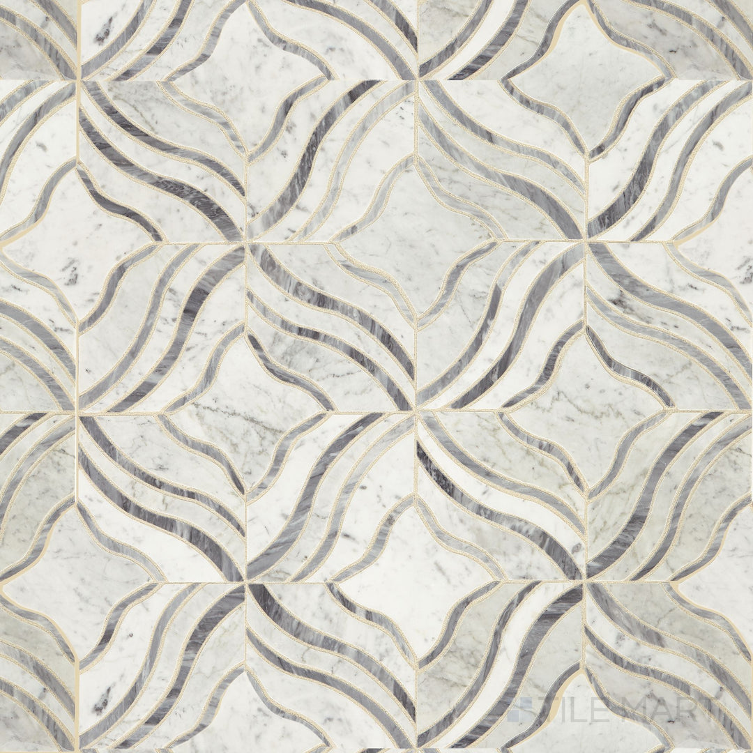 Flat-lay image of Lavaliere Carrara White/Bardiglio Melody Polished Carrara, Bardiglio Mosaic, highlighting the contrast between white Carrara and deep Bardiglio veining.