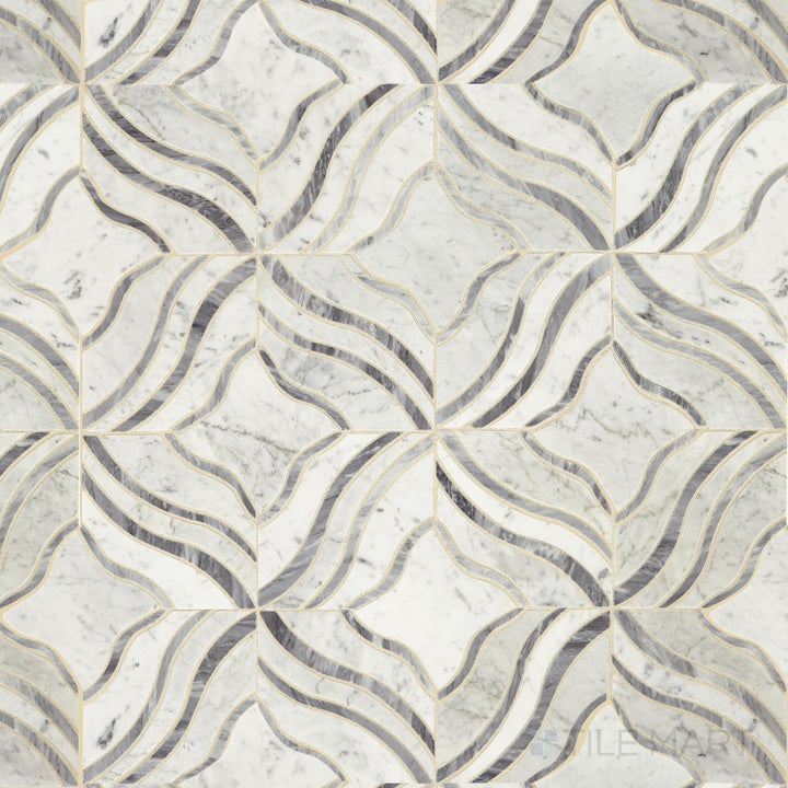 Flat-lay image of Lavaliere Carrara White/Bardiglio Melody Polished Carrara, Bardiglio Mosaic, highlighting the contrast between white Carrara and deep Bardiglio veining.