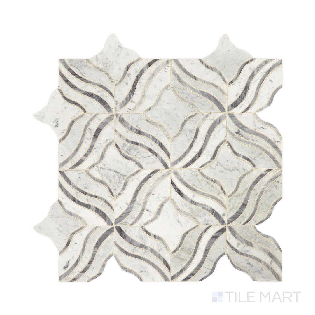 Slanted perspective of Lavaliere Carrara White and Bardiglio Melody polished marble mosaic, emphasizing its luxurious white and gray veining, sophisticated Bardiglio marble accents, and a high-polish surface.  