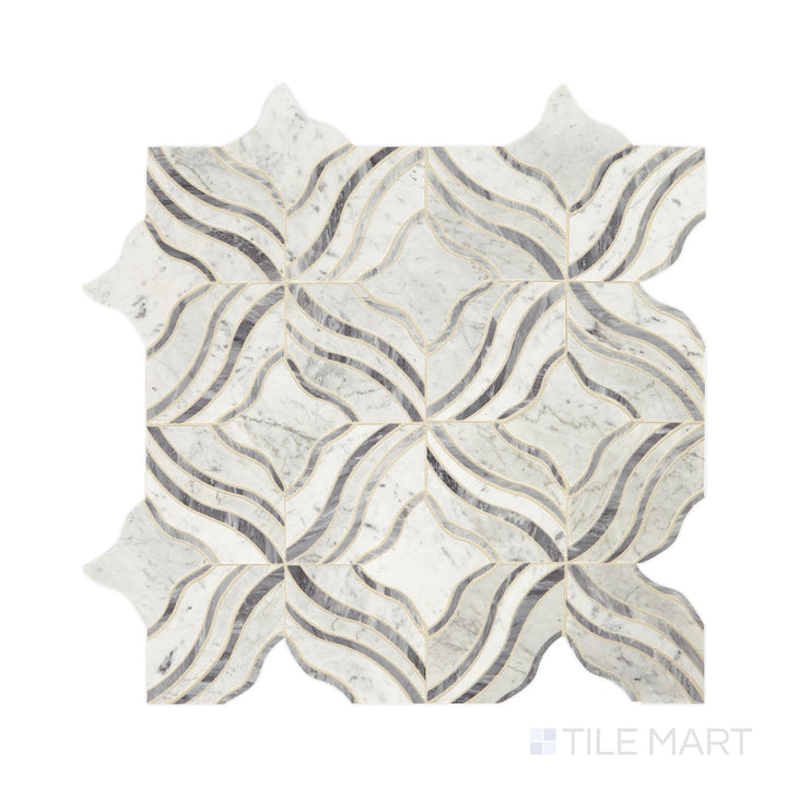 Slanted perspective of Lavaliere Carrara White and Bardiglio Melody polished marble mosaic, emphasizing its luxurious white and gray veining, sophisticated Bardiglio marble accents, and a high-polish surface.  