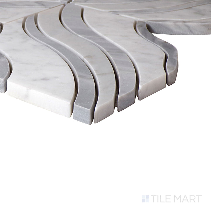Close-up corner shot of Lavaliere Carrara White/Bardiglio Melody Polished Mosaic, featuring its refined Carrara white base accented by striking Bardiglio grey veining.