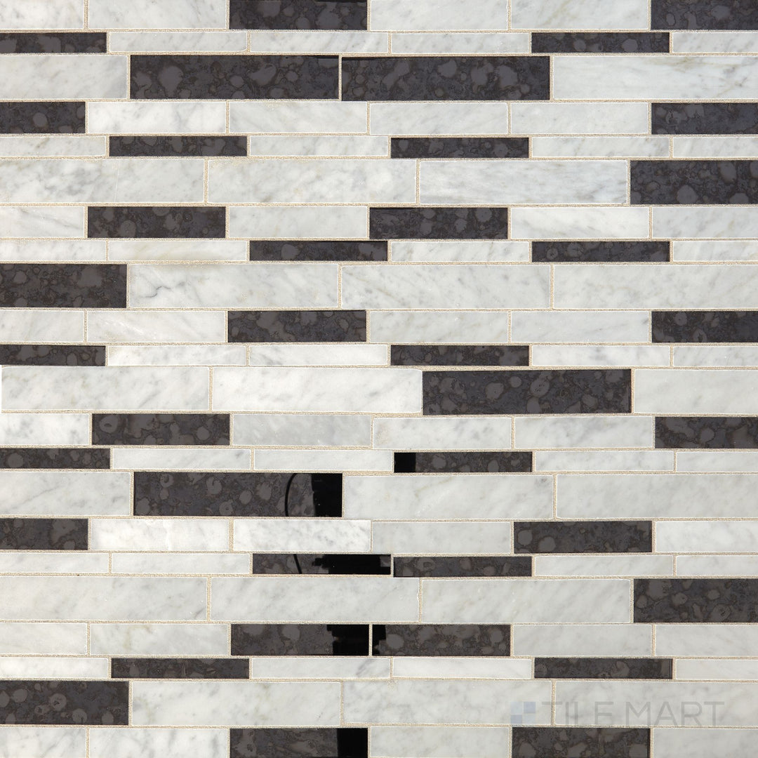 Direct top-down view of Lavaliere Carrara White/Black Ant Mirror Random Linear Polished Carrara Mosaic, emphasizing the intricate linear arrangement of Carrara and black mirror in a polished finish.