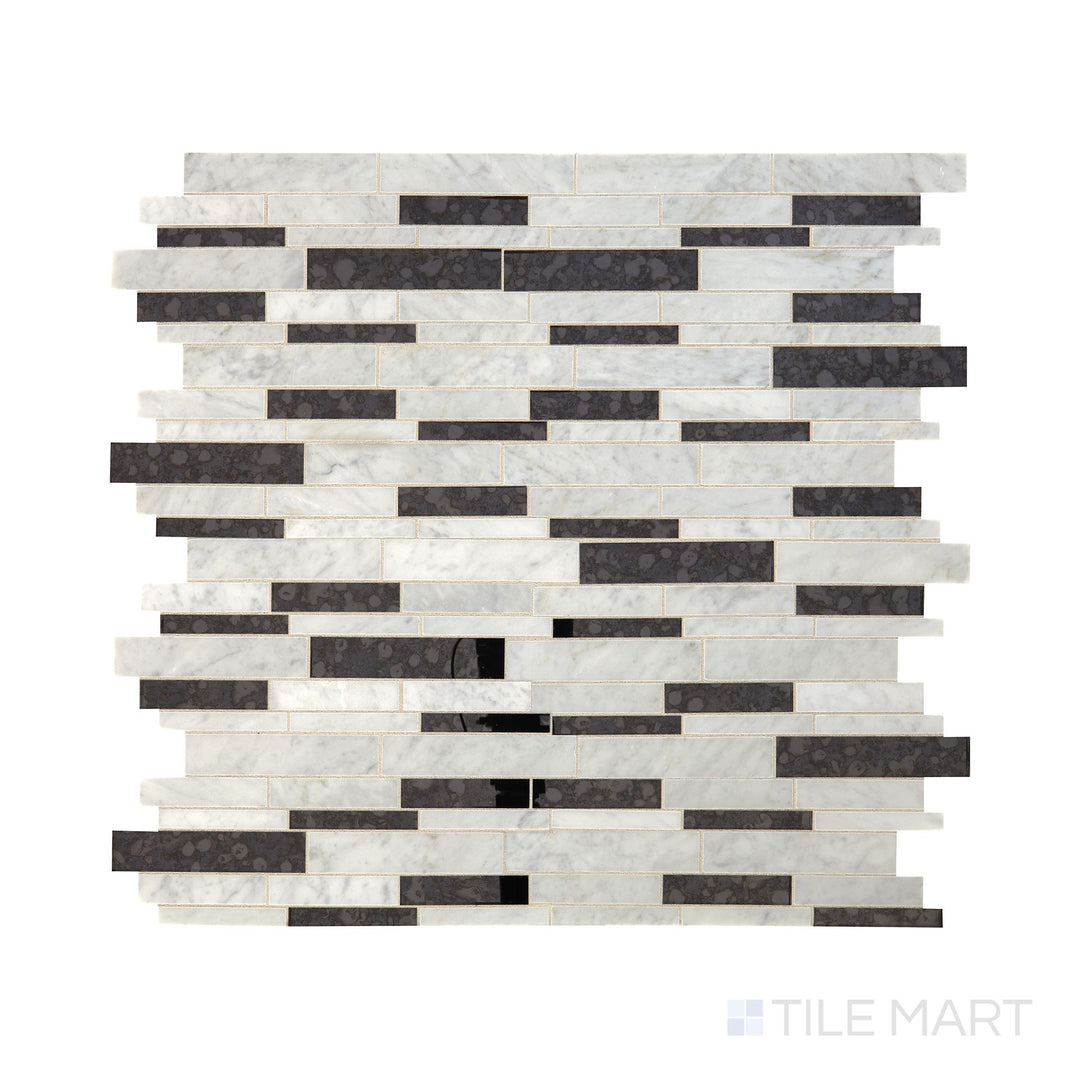 Angled shot of Lavaliere Carrara White and Black Ant Mirror random linear polished marble mosaic, featuring an intricate pattern with bold black mirror highlights and natural Carrara veining.  
