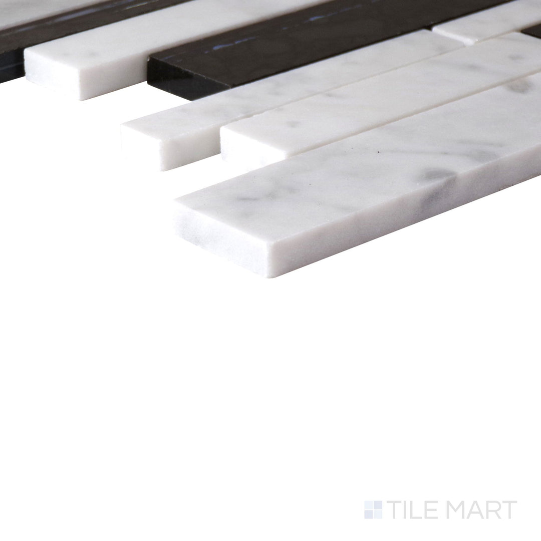 Corner angle of Lavaliere Carrara White/Black Ant Mirror Random Linear Polished Mosaic, emphasizing its bold contrast of crisp white marble with black mirror linear accents.