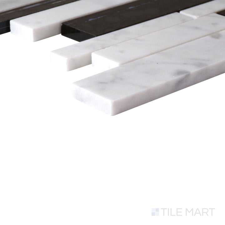 Corner angle of Lavaliere Carrara White/Black Ant Mirror Random Linear Polished Mosaic, emphasizing its bold contrast of crisp white marble with black mirror linear accents.