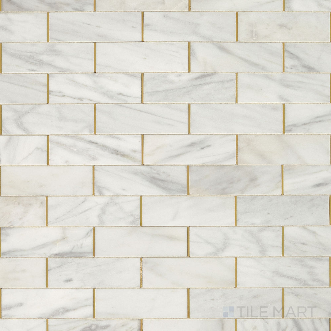 This image presents the Lavaliere Alluring White and brass melded honed marble mosaic shown in a detailed product overview