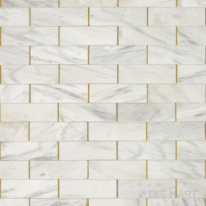 This image presents the Lavaliere Alluring White and brass melded honed marble mosaic shown in a detailed product overview