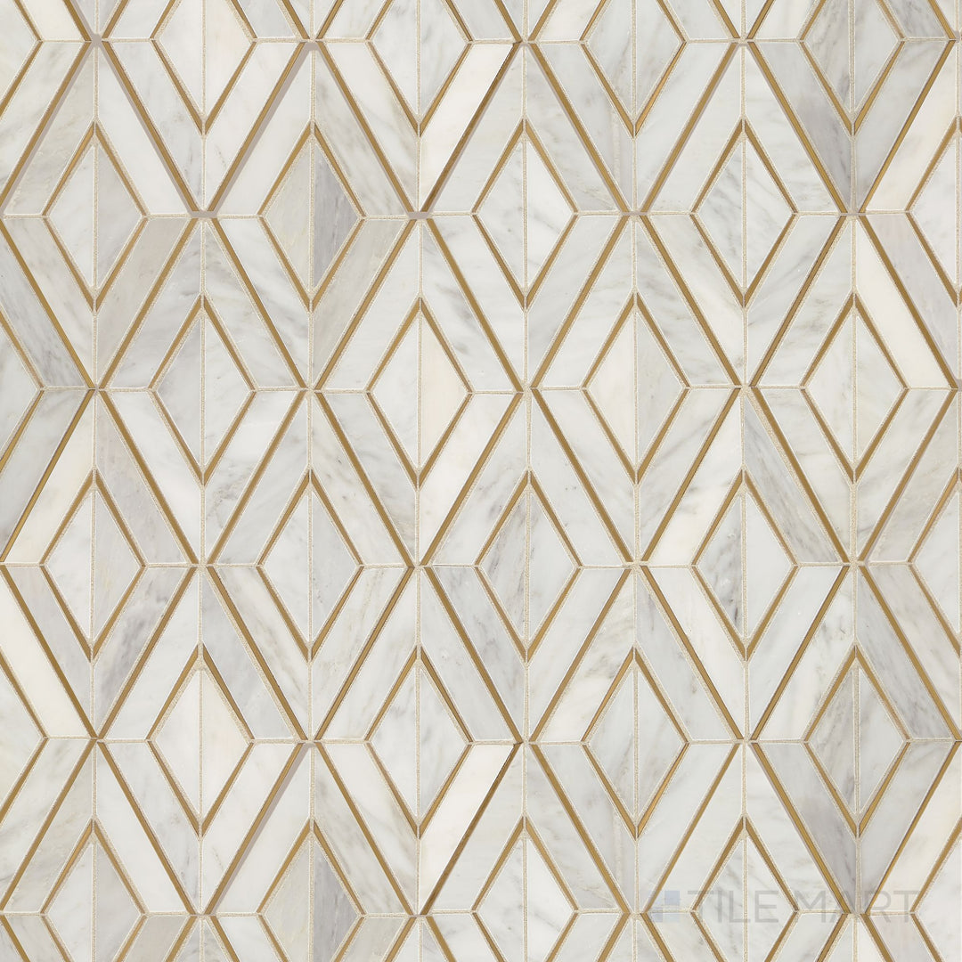 Displayed in full, the Lavaliere First Snow Elegance and brass diamond polished marble mosaic features a striking geometric design