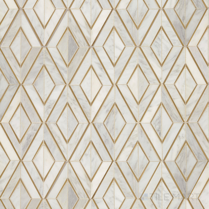 Displayed in full, the Lavaliere First Snow Elegance and brass diamond polished marble mosaic features a striking geometric design