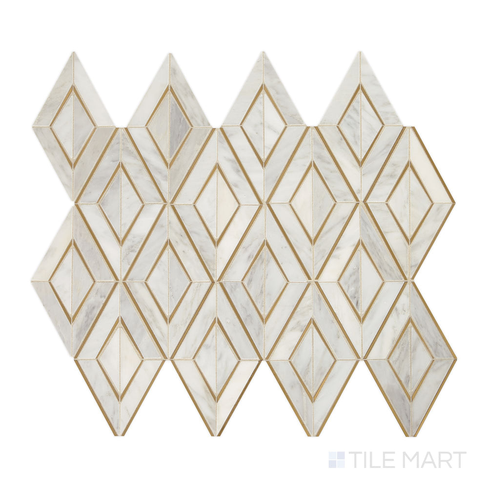 Captured from above, the Lavaliere First Snow Elegance/Brass Diamond polished marble mosaic features a refined mix of white marble and diamond-shaped brass elements, adding a chic and timeless appeal.